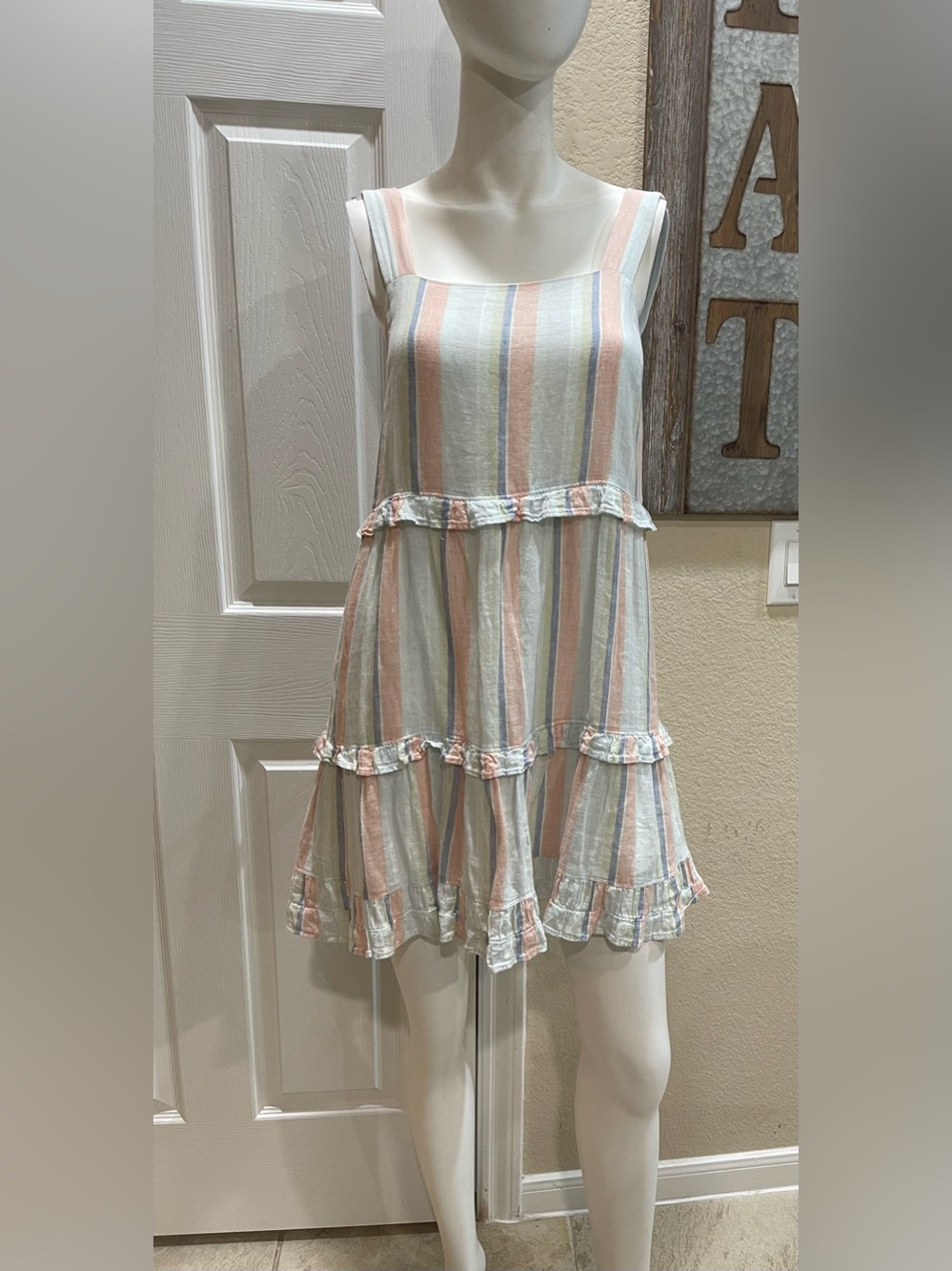 Rails Sandy Tiered Linen Blend Mini Dress - Biarritz Multi Stripe Size XSmall - Picture 3 of 14